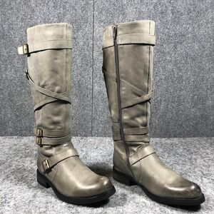 Miz Mooz Knee High Boots Womens 6.5 Gray Leather Buckle Strap Moto Biker